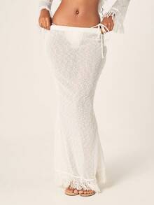 MISSGUIDED Bộ bikini hai mảnh dệt kim tua rua dành cho bãi biển, gồm áo croptop và quần cạp cao. - trắng - Xem 4