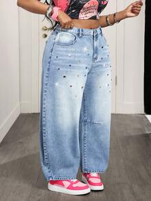 Slaydiva Quần jeans ống rộng dáng suông thoải mái, cỡ lớn, thời trang, đính đá quý nhiều màu sắc. - Rửa nhẹ - Xem 5
