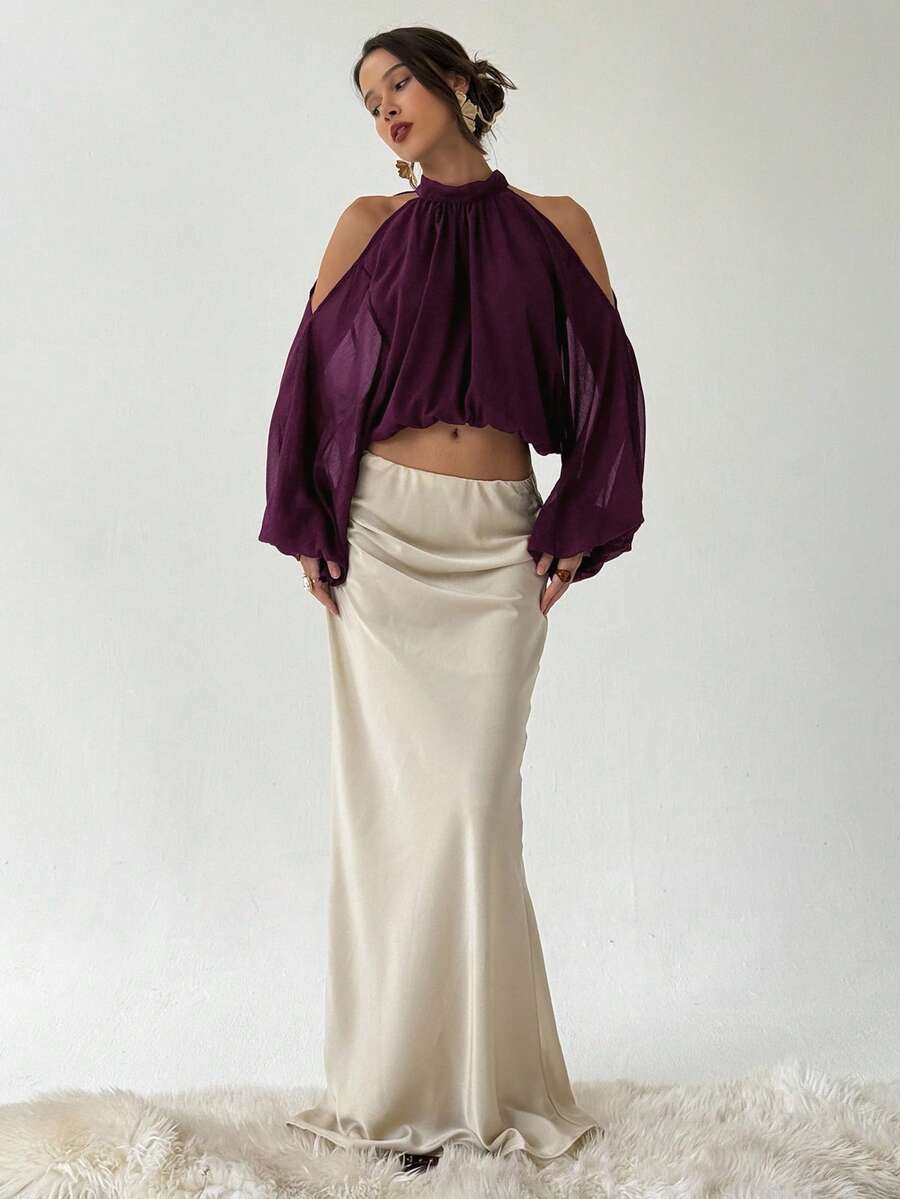 Aloruh Women's Elegant Pleated Lantern Sleeve Cropped Top, Summer - Purple - View 1