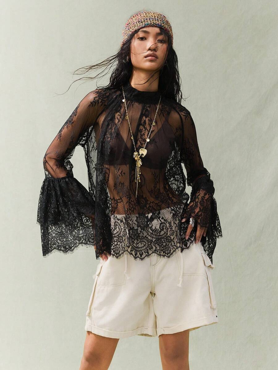 SoleilVie Women's Mandarin Collar Raglan Sleeve Elegant Blouse - Black - View 1