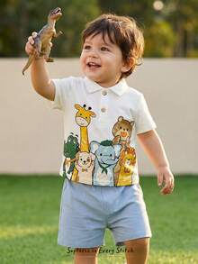 Cozy Pixies Bộ 2 món cho bé trai, gồm áo thun ngắn tay cổ bẻ mềm mại họa tiết khủng long hoạt hình và quần short cạp chun. - Màu xanh lam - Xem 10