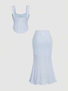 SHEIN MOD Bộ 2 món gồm áo hai dây ren màu hồng và chân váy dài cho nữ, thanh lịch, dễ thương, lãng mạn. - Màu tím hoa cà - Xem 3