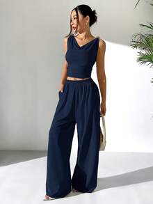 SHEIN EZwear 女士针织不对称肩部上衣和裤子休闲套装，夏季 - 藏蓝色 - 查看 3