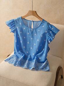 Elaquor 大码女式舒适短袖刺绣下摆白色衬衫，百搭实用，适合日常穿着、通勤、度假、约会，春夏新款大码衬衫 - 藍色 - 查看 6