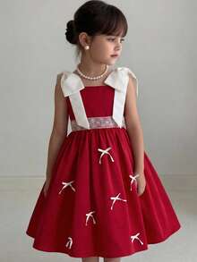 SHEIN 少女编织蝴蝶结撞色连衣裙 - 白色 - 查看 6