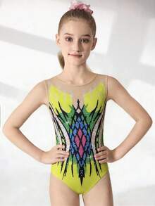 SHEIN Leotard senza maniche stampato e elasticizzato per ragazze pre-adolescenti, multicolore, adatto per ginnastica, competizioni sportive, allenamento quotidiano, stampa vivace, abbigliamento atletico confortevole - Multicolore - Visualizzare 5
