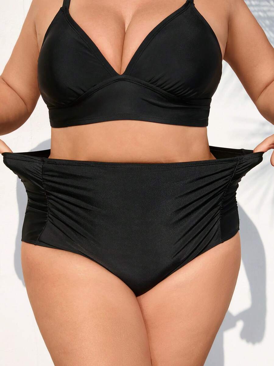 SHEIN CURVE+ Summer Beach Plus Ruched High Waisted Bikini Bottom, Beach Outfits For Woman, Plus Size For Woman, Bathing Suits, Slimming Swimwear - Black - View 1