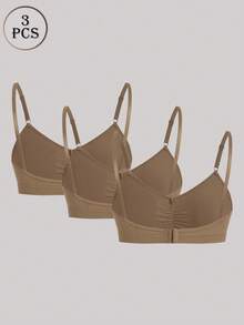 Bare Chapter 3pcs/Set Women's Solid Color Pleated Comfortable Casual (Wire-Free) Bra Set - Khaki - View 2