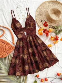 Soleia 度假风格金色太阳神佩斯利和腰果印花 V 领镂空后摆迷你连衣裙，夏季休闲波西米亚度假装 - 彩色 - 查看 1