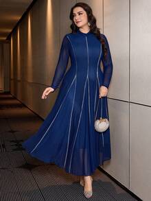 Modelyn 春夏休闲优雅收腰修身A字网纱拼接纹理大码女装连衣裙 - 藍色 - 查看 7