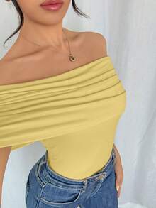 Rafferiza Women's Elegant Off Shoulder Ruched Hem Bodysuit,Slim Fit Pale Yellow,Summer,Seksi Chic,Night Out Cute Tops - Light Yellow - View 3