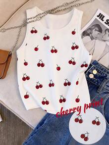 Lyxana Casual Everyday Commute Cute Cherry Print Fitted Cropped Women Tank Top Cherry Tank Top Cherry Print Top Sleeveless Tops For Women Cute Tank Top Women's Tank Top Cute Tops For Women Cherry Clothes Cherry Outfits For Women Latest Tops For Women New Arrivals - White - View 1