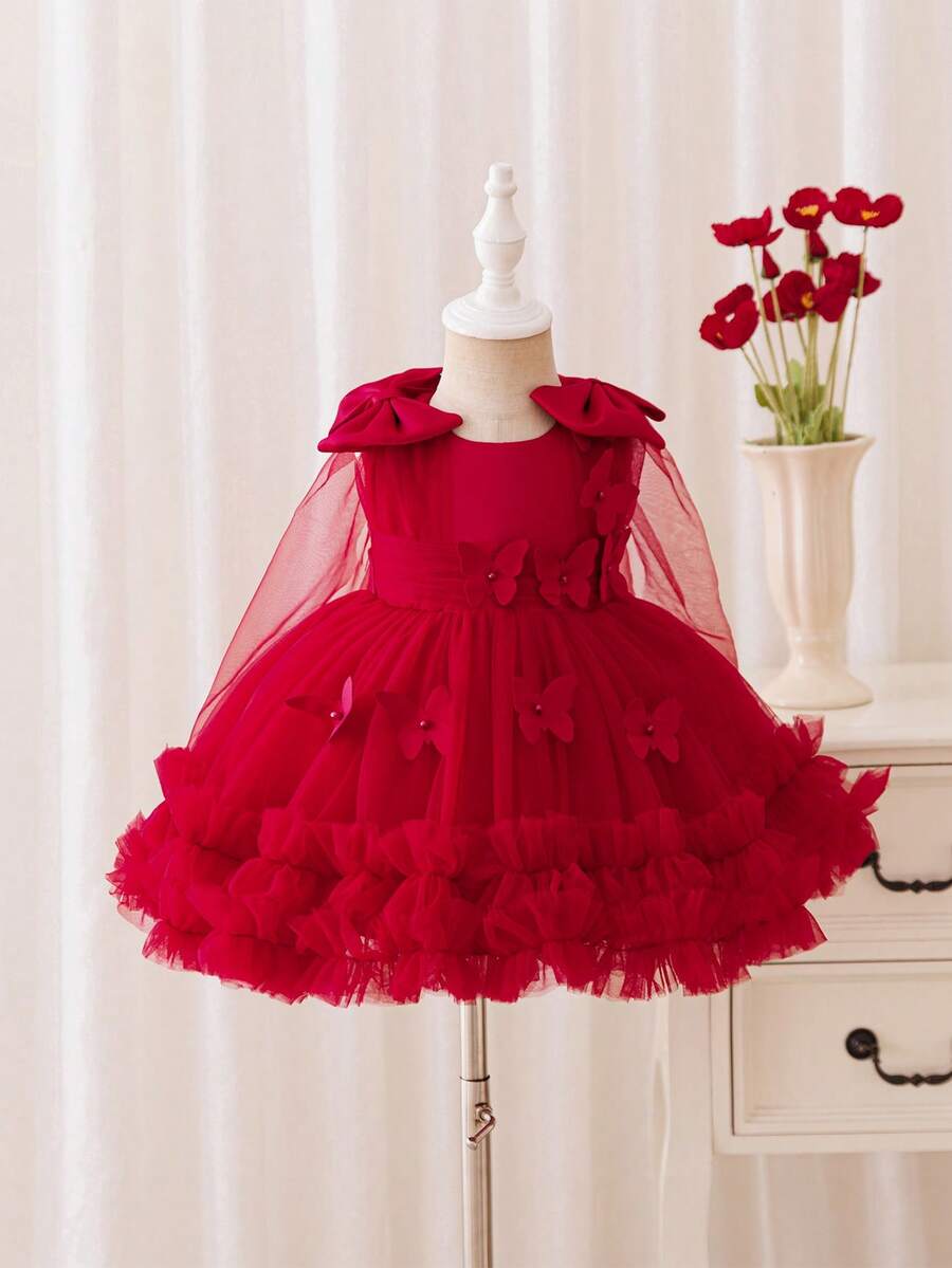 Glamorique Kids 女童可爱网纱蓬蓬裙，带蝴蝶结和珍珠装饰，生日派对节日舞蹈公主裙