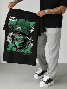 Manfinity LEGND 1 Áo thun nam cổ tròn tay ngắn màu đen, in hình người đeo mặt nạ, phong cách đường phố, mặc hàng ngày, thiết kế khẩu hiệu năm 1974, món quà tuyệt vời cho bạn trai/chồng, áo thun tay ngắn dáng rộng, áo thun hip hop nam, áo thun in hình rapper, áo thun nam phong cách rapper. - màu đen - Xem 6