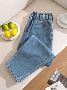 Comfortcana Plus Size Women Waist Button Design Pockets Straight Leg Casual Jeans Summer Spring Festival For Beach Vacation Elastic Vintage Washed Jeans - Light Wash - View 4