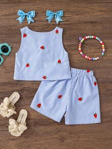 Emery Rose Kids Emery Rose Kids 两件套女童条纹圆领上衣和短裤套装 - 藍色 - 查看 2