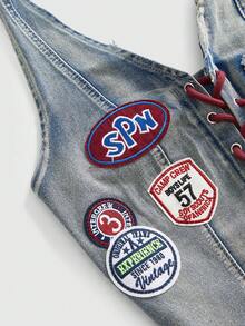 ROMWE Avant Cropped Top Denim Sexy de Cintura Baixa com Decote em Renda, Estilo Preppy, Logotipo Bordado, Estilo Esportivo Retrô Y2K - Azul - Visão 3