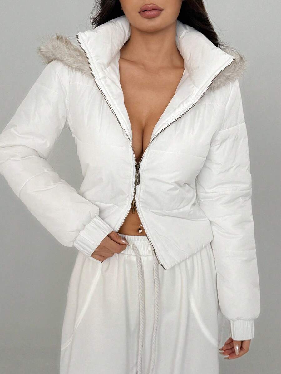 Flirla Women's Casual Fashion Hooded Contrast Color Fur Trim Zip-Up Padded Coat, Suitable For Autumn/Winter - White - View 1