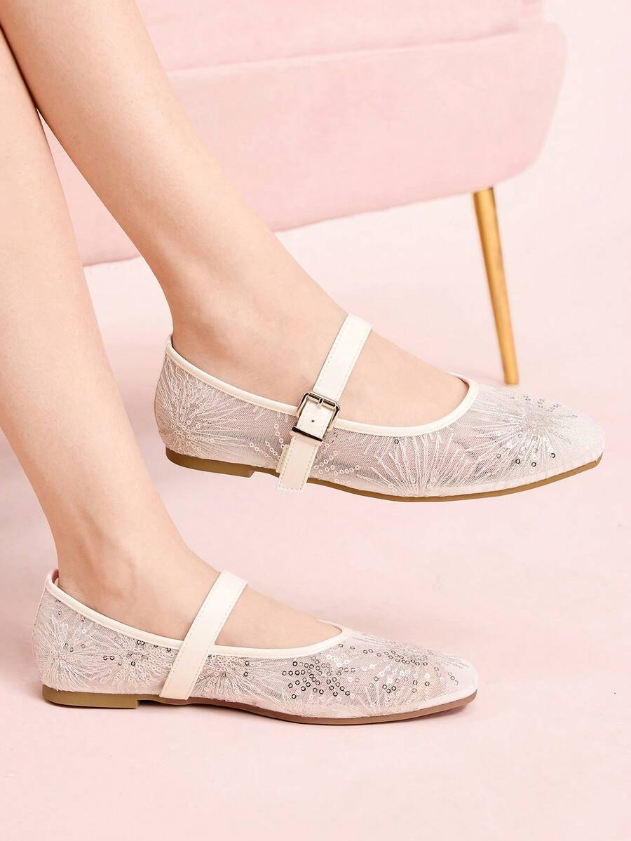 CUCCOO DOLLMOD Women's Shoes Mesh Embroidery Decorative Flat Bottom Mary Jane - White - View 1