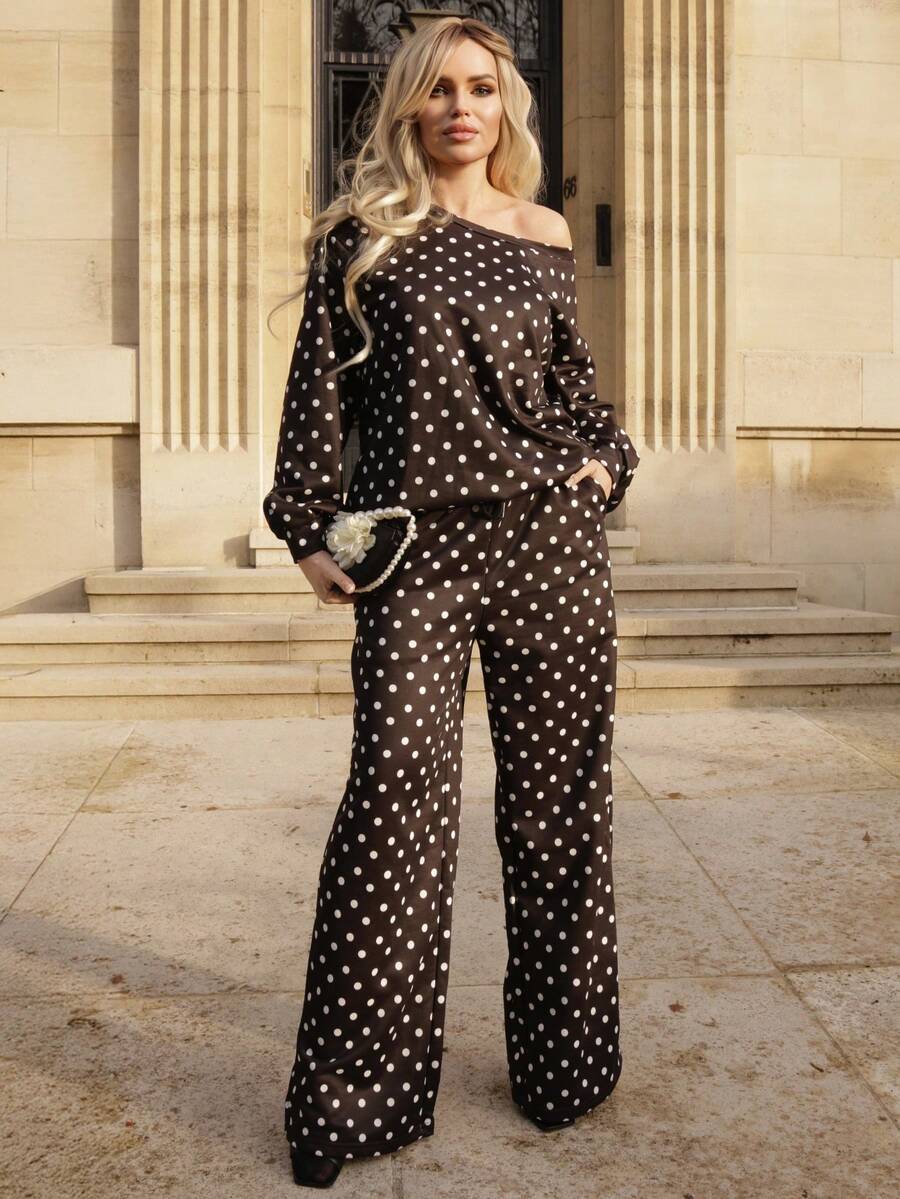 Elenary Edit 女士波点斜肩宽松卫衣运动裤套装，秋冬款 - 黑色 - 查看 1