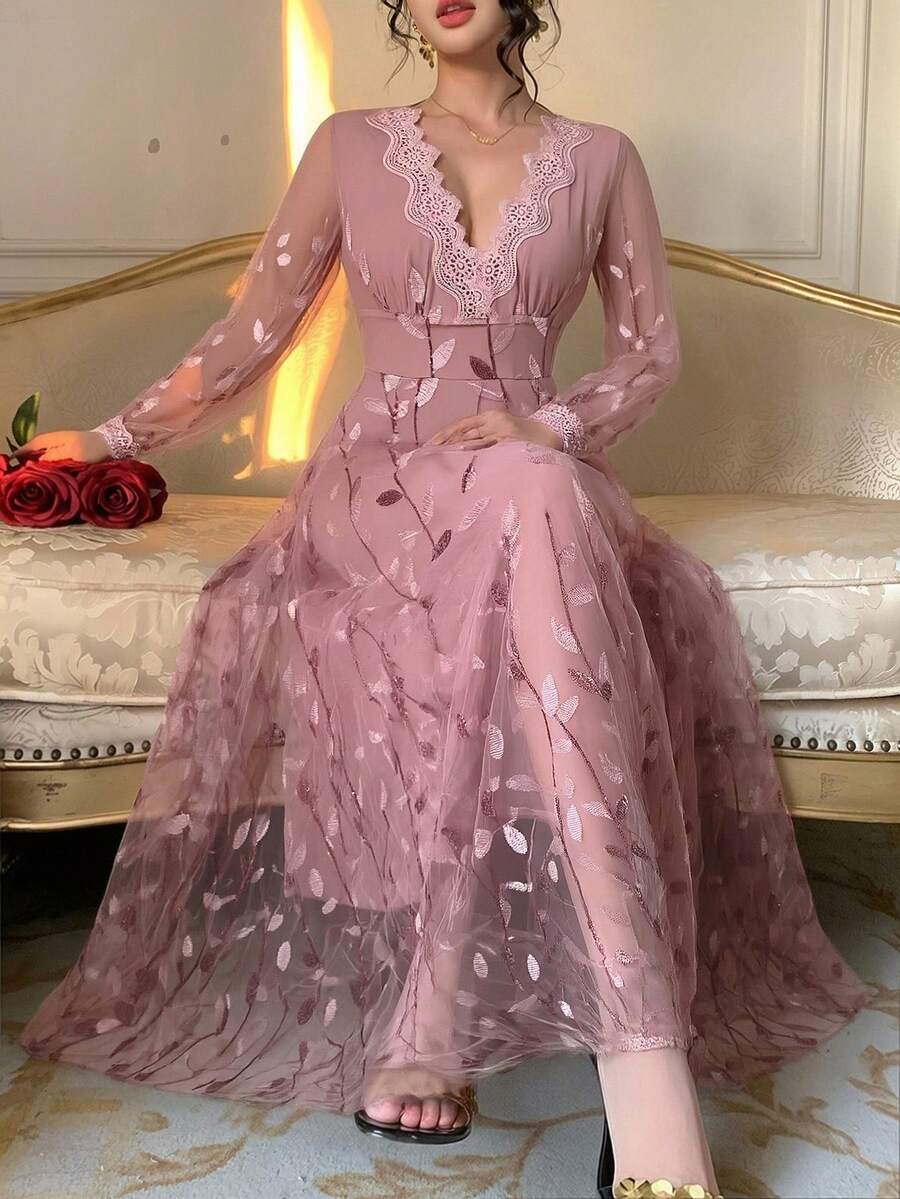 DAZY Spring & Summer Rhinestone Shiny Elegant Lace Midi Dress, Suitable For Valentine's Day, Wedding, Party, Formal Occasion, Slim Fit, Black Sundress - Pink - View 1