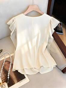 GlowEve Blusa de satén con cuello drapeado y ribete de volantes para mujer - Albaricoque - Ver 2