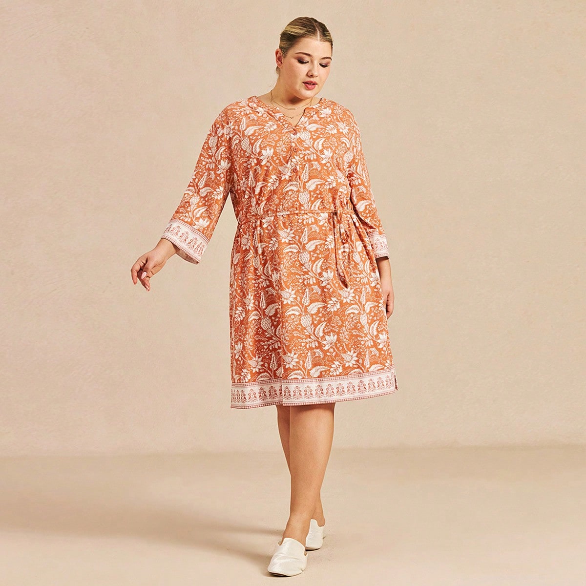 Vestido Camiseta Talla Grande de Algodón con Estampado Naranja Básico con Cuello de Camisa y Botones Ropa de Casa Camisón Largo para Mujeres Pijama