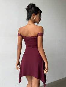 Aloruh Women's Elegant Off Shoulder Lace Patchwork Burgundy Mini Dress,Summer 70's Club Night Party Disco Asymmetrical Hem Night Out Honeymoon Outfit - Burgundy - View 11