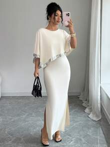 SHEIN Clasi Elegant Casual Color Block Batwing Sleeve Sequin Decor Round Neck Cape Dress For Women, Spring/Summer - Apricot - View 4