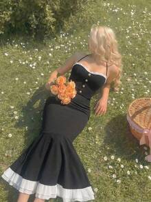 SHEIN MOD 女士黑色蕾丝边饰连衣裙 - 黑與白 - 查看 1