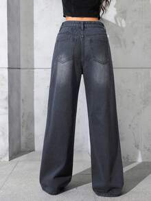 Jeanoix 休闲水洗宽松直筒牛仔裤 - 黑色 - 查看 2