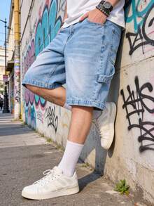 Manfinity VCAY Men's Casual Fashion Street Washed Loose Denim Shorts,Light Wash Blue Jeans Jorts For Summer Daily Commute,Pambahay Style Light Washed Shorts - Blue - View 8