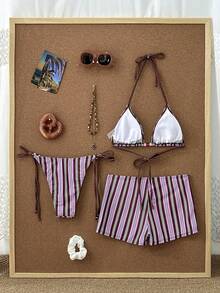 Costavie 女士复古棕蓝条纹印花串珠比基尼套装，时尚休闲沙滩度假性感甜美风，挂脖比基尼上衣和低腰泳裤，3件套 - 彩色 - 查看 5