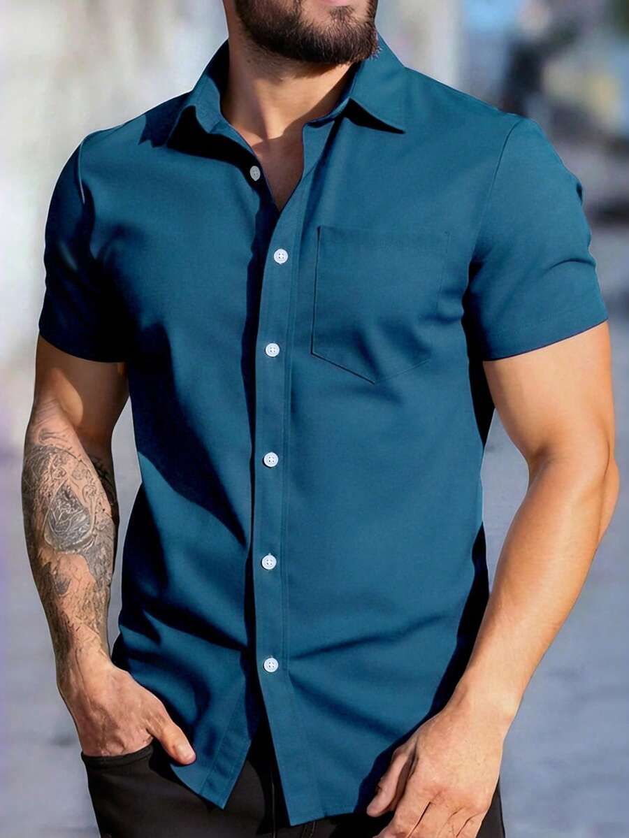 Manfinity Homme 男士純色休閒正肩前排扣短袖襯衫,日常度假與正式場合皆適 - 水鴨藍 - 查看 1