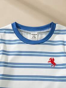 Souflis Souflis French Style New White Base Blue Striped Toddler Boys' Round Neck Short Sleeve T-Shirt With Contrast Embroidered Graphic, Fashionable Casual, Refined, Versatile, Suitable For School, Outings And More Occasions Toddler Summer Clothes Stripe Tshirt Tshirt For Baby Boy - Multicolor - View 7