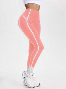 Gameset SHEIN Sport 高腰撞色条纹瑜伽裤，欧美风修身设计，高弹面料塑形，适合瑜伽、健身和休闲穿着，实用时尚。 - 粉色 - 查看 5