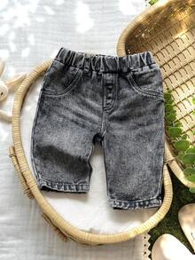Vintaside Kids Vintage Style Newborn Baby Denim Pants,Classic Washed Blue Loose Fit Jeans With Fake Pockets,Full Elastic Waistband & Button Closure,Comfortable Retro - Light Grey - View 4