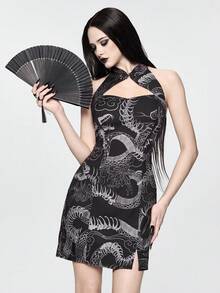 ROMWE Avant Dark Gothic Chinese Style Halter Neck Dress - Blue - View 1