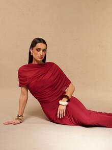 Silquee 女士不对称荷叶边领无袖连衣裙，春夏款 - 酒紅色 - 查看 7