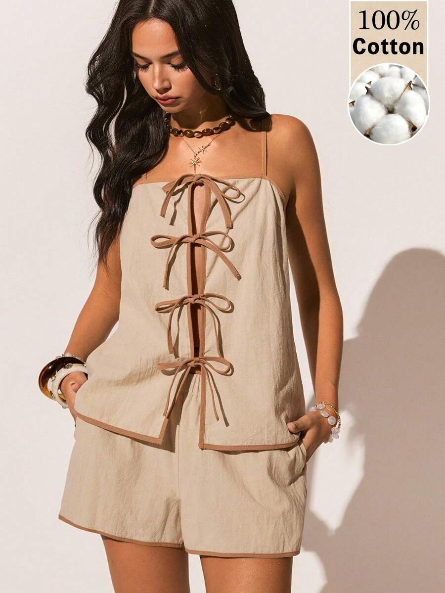Poéselle Women's 100% Cotton Contrast Polka Dot Cami Top & Shorts 2 Pieces Set,Lace Up Drawstring Outfits,All Shades Of Brown,Summer,Casual,Vacation,Holiday