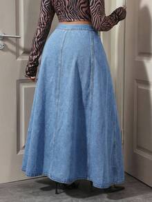 Slaydiva Plus Size Women Button Fly Casual Commuting Extra Long Denim Skirt - Light Wash - View 8