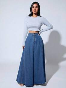 Slaydiva Plus Size Solid Color Button Pleated Casual Versatile Denim Skirt - Blue - View 4