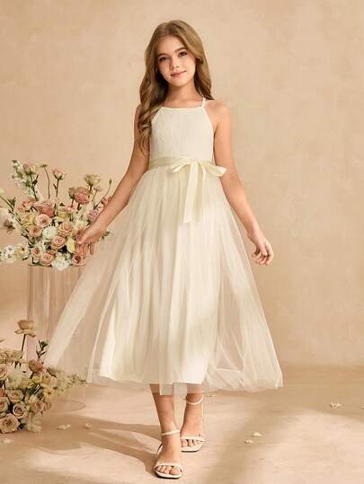 Vestido de verano largo de niña con cuello redondo elegante y minimalista, sin mangas, cintura ceñida, parche de encaje y multicapa de tul, color verde sólido, vestido de niña de las flores para boda