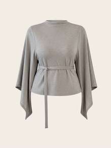 Auralis 新款柔软舒适加大码斗篷上衣/宽松优雅通勤休闲舒适法式风家居/办公斗篷，腰部系带可调节，适合春、秋、四季穿着/舒适宽松加大码披肩上衣/围巾式设计，腰部可调节，下摆收紧/适合因天气原因在办公室穿着。蝙蝠袖上衣、灯笼袖上衣、喇叭袖上衣、蝴蝶袖上衣，春夏女装上衣 - 卡其色 - 查看 6