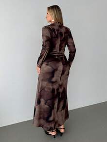 Auralis Plus Size Elegant Tie Dye Waist Cinched Long Sleeve Dress, Autumn Long Sleeve Elegant Dress Brown Elegant Dress Women Assymetrical Dress For Women Wedding Dress For Women - Brown - View 3