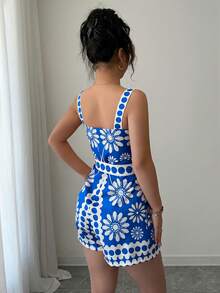 Rafferiza Bộ jumpsuit in họa tiết hoa Dopamine màu cam, thời trang và đa năng dành cho nữ. - Xanh đậm - Xem 2