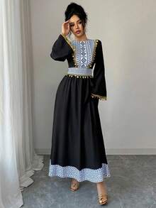 Women's Elegant Geometric Pattern Sequin Splice Flare Sleeve Waist Cinched Arabian Style Dress, Suitable For Spring And Autumn - Black - View 3