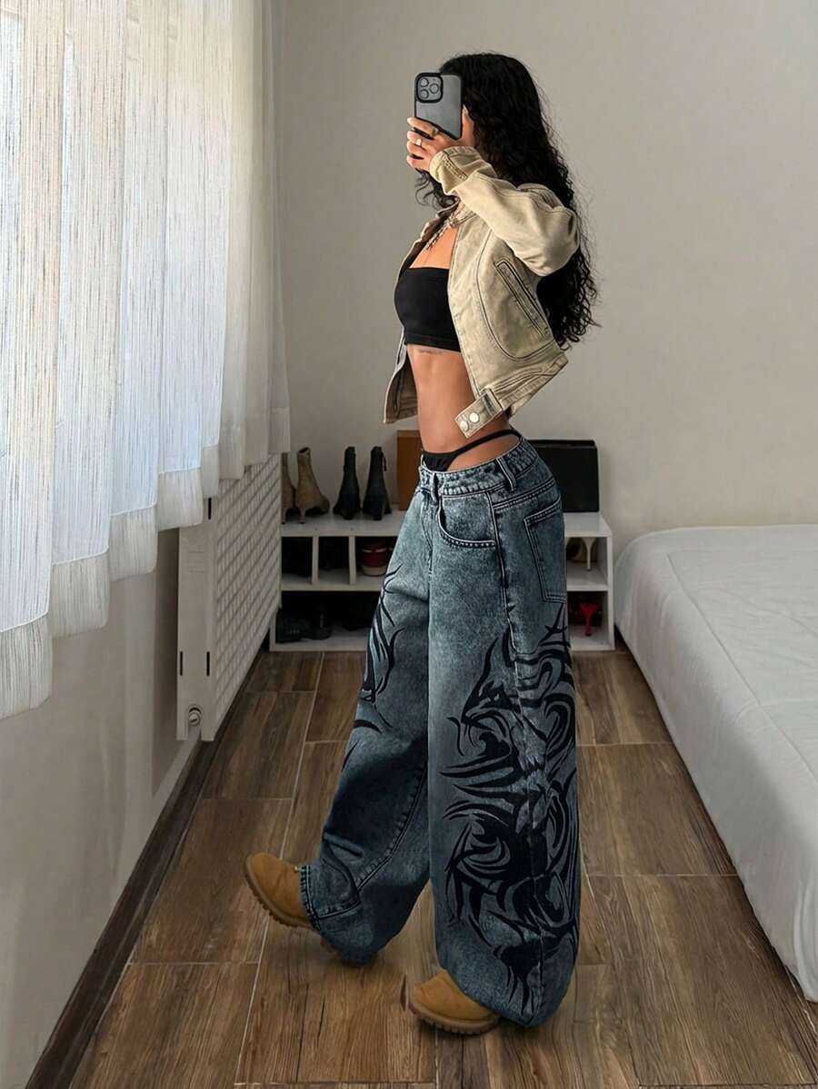StreetHx Jeans de pierna ancha con estampado retro de estilo casual y de moda - Azul lavado oscuro - Ver 1