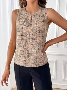 SHEIN Clasi Áo kiểu nữ thanh lịch mới, cổ tròn, dáng chữ H, xếp ly, rộng rãi, thích hợp mặc thường ngày, áo công sở mùa hè cho giáo viên, áo công sở sang trọng. - Nhiều màu - Xem 4