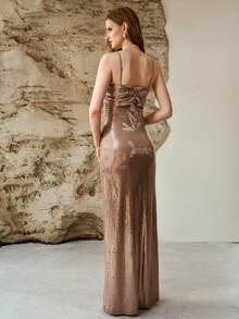 MOTF PREMIUM WOMEN'S SEQUIN PLEATED SPAGHETTI STRAP MAXI DRESS - Gold - View 5